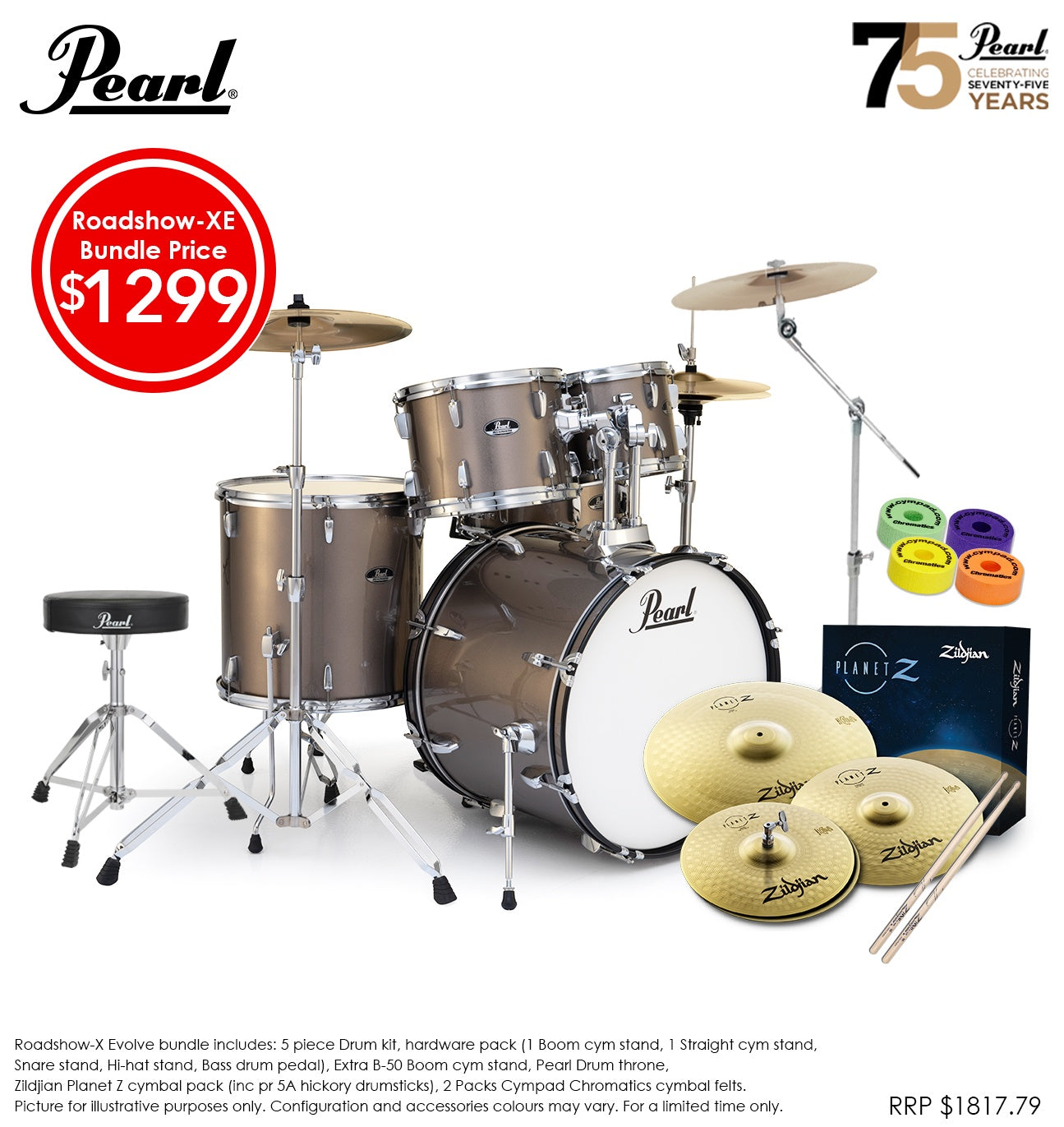 Pearl RS Roadshow-X 22" 5pc Fusion Plus Drumkit PKG Bronze Metallic