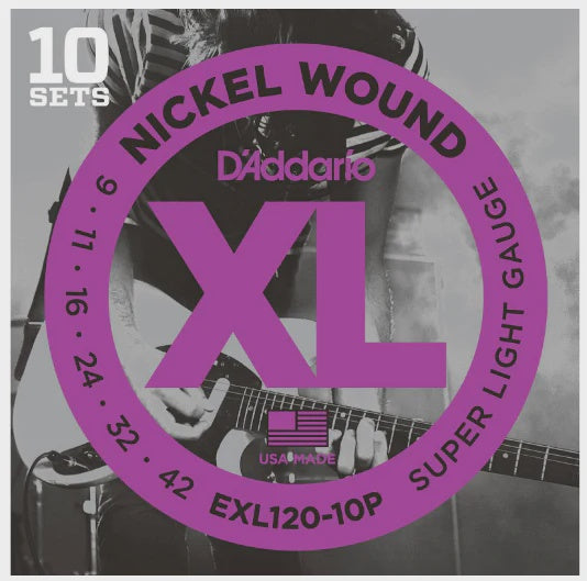 D’ADDARIO EXL120 NICKEL SUPER LIGHT ELECTRIC GUITAR STRINGS - 10 PACK