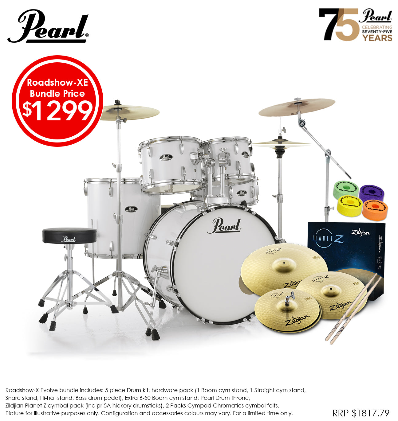 Pearl Roadshow X Evolve 22: Fusion Plus Drumkit Pure White