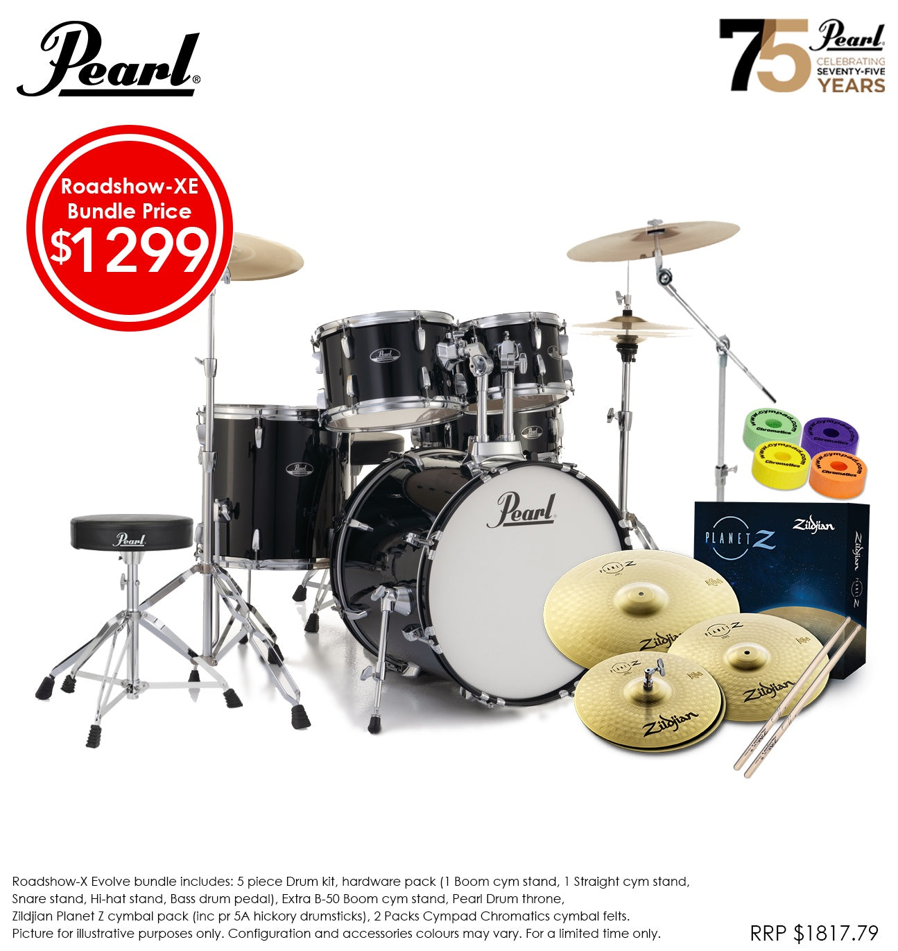 Pearl RS Roadshow-X 20" 5-pcs Fusion Drum Kit Package Jet Black